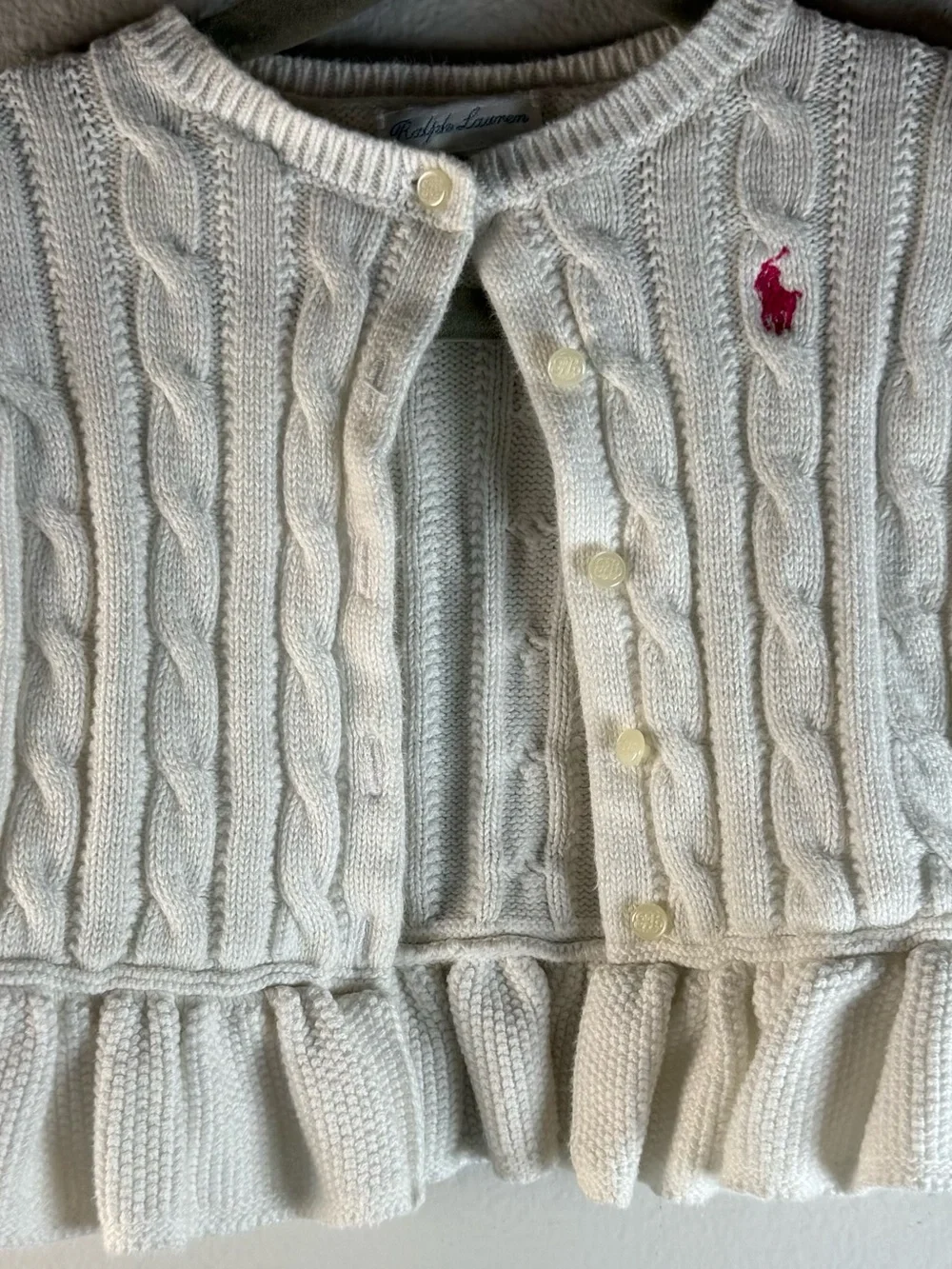 Ralph Lauren Cream Cable Knit Button-Up Cardigan with Pink Pony